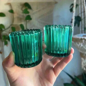 Vintage Green Ribbed Glass Candle Holders - Set of 2 tealight boho indiana glass